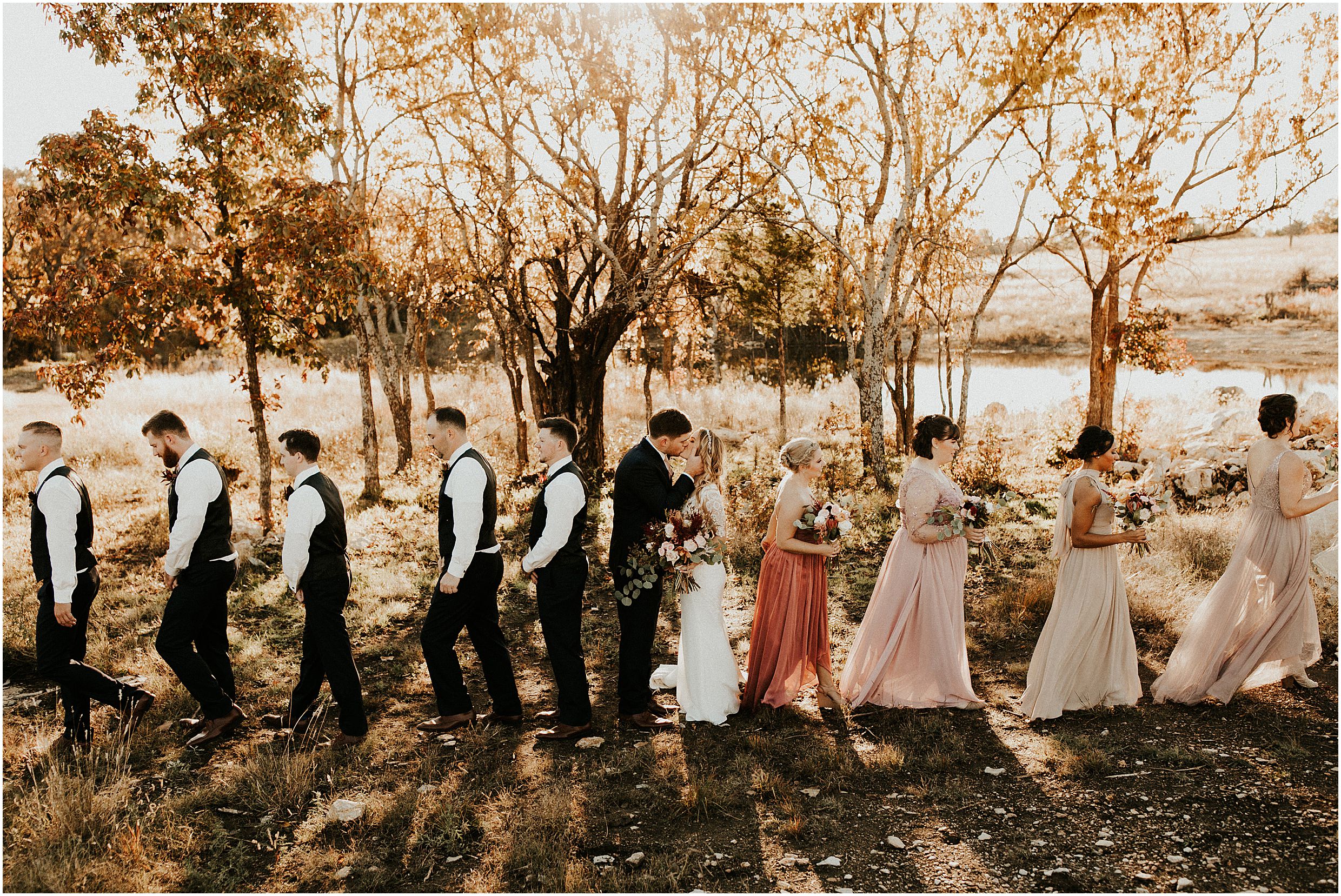 Wedding photography, wedding inspiration, outdoor wedding, boho wedding, bride style, wedding dress inspiration, wedding dress, long sleeve wedding dress, Kansas City wedding photographer, fall wedding, lace bridal gown, Kansas City wedding, reception pictures, groom style, DIY wedding, fall bridesmaid dresses, intimate wedding, small wedding, sunset photos, bridal party photos, bride and groom photos, outdoor wedding photos, Burgundy wedding colors, bridal party photos
